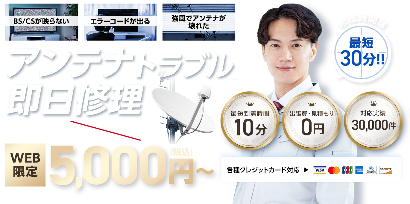 アンテナトラブル即日修理 基本料金8,900円がWEB限定5,000円(税込)~。修理時間は最短30分!。最短到着時間10分、出張費・見積もり0円、対応実績30,000件、各種クレジットカード対応